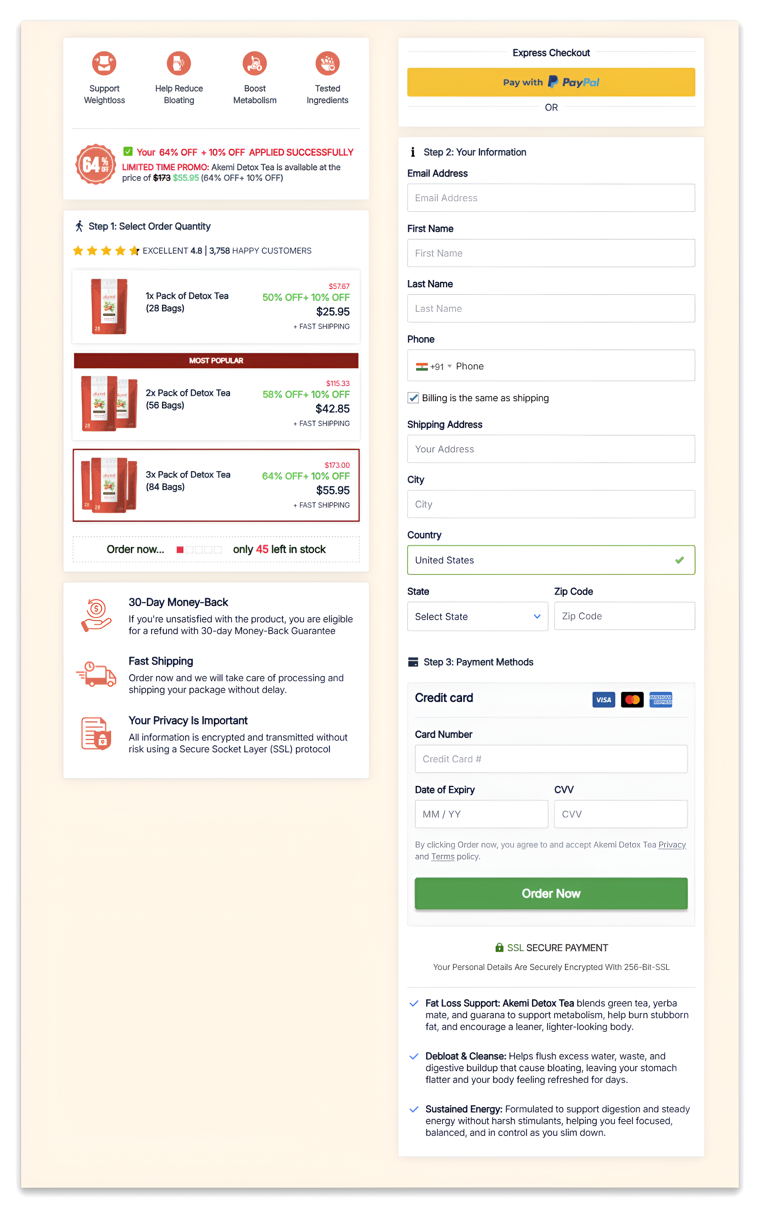 Akemi Detox Tea checkout page